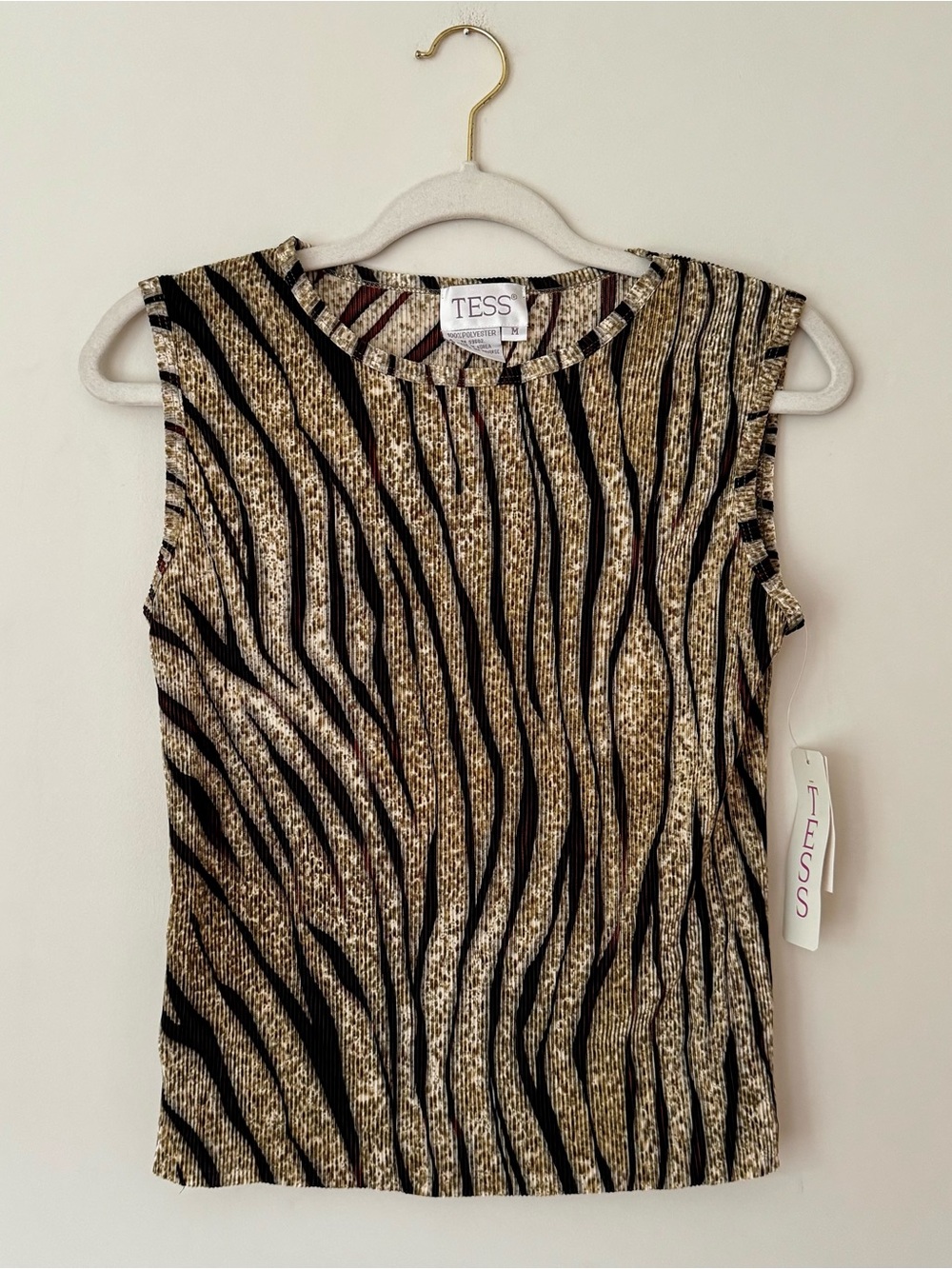 NWT Vintage 90s TESS Plissé Animal Print Sleeveless Top, Green & Black – Medium